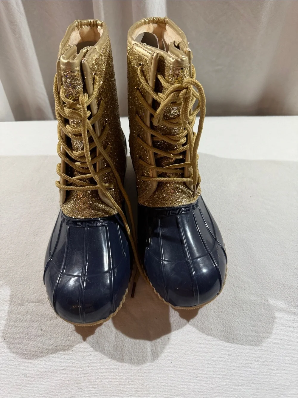 Gold Glitter Lace-Up Duck Boots for Women
